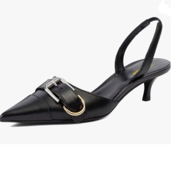 Wo Wagas Black Pointed Toe Kitten Heel Pumps Buckles Low Heels Slingback Shoes - Picture 1 of 8